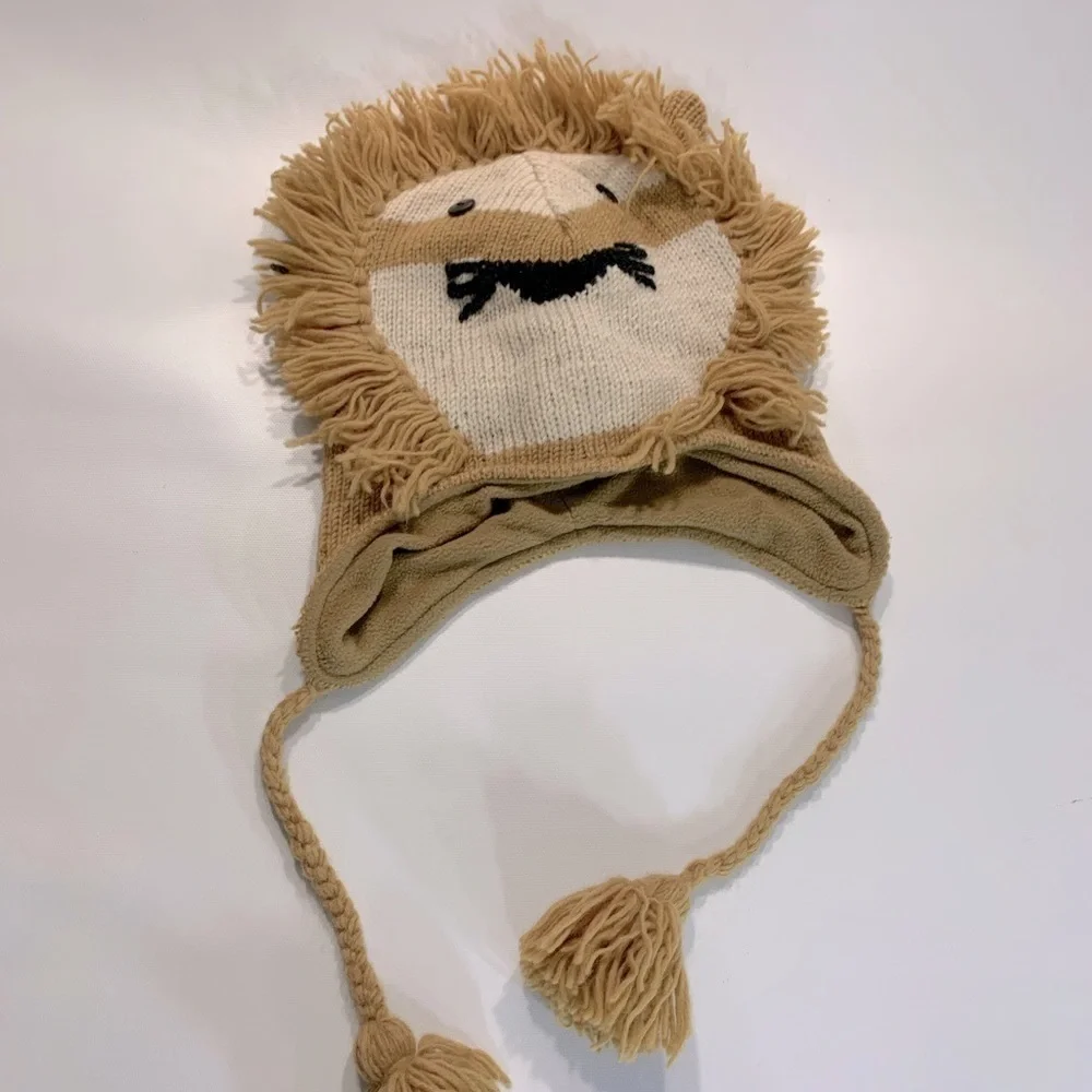 Lion Beanie Peace 100% Wool Large Warm Cozy Zoo Animal Theme Brown Khaky